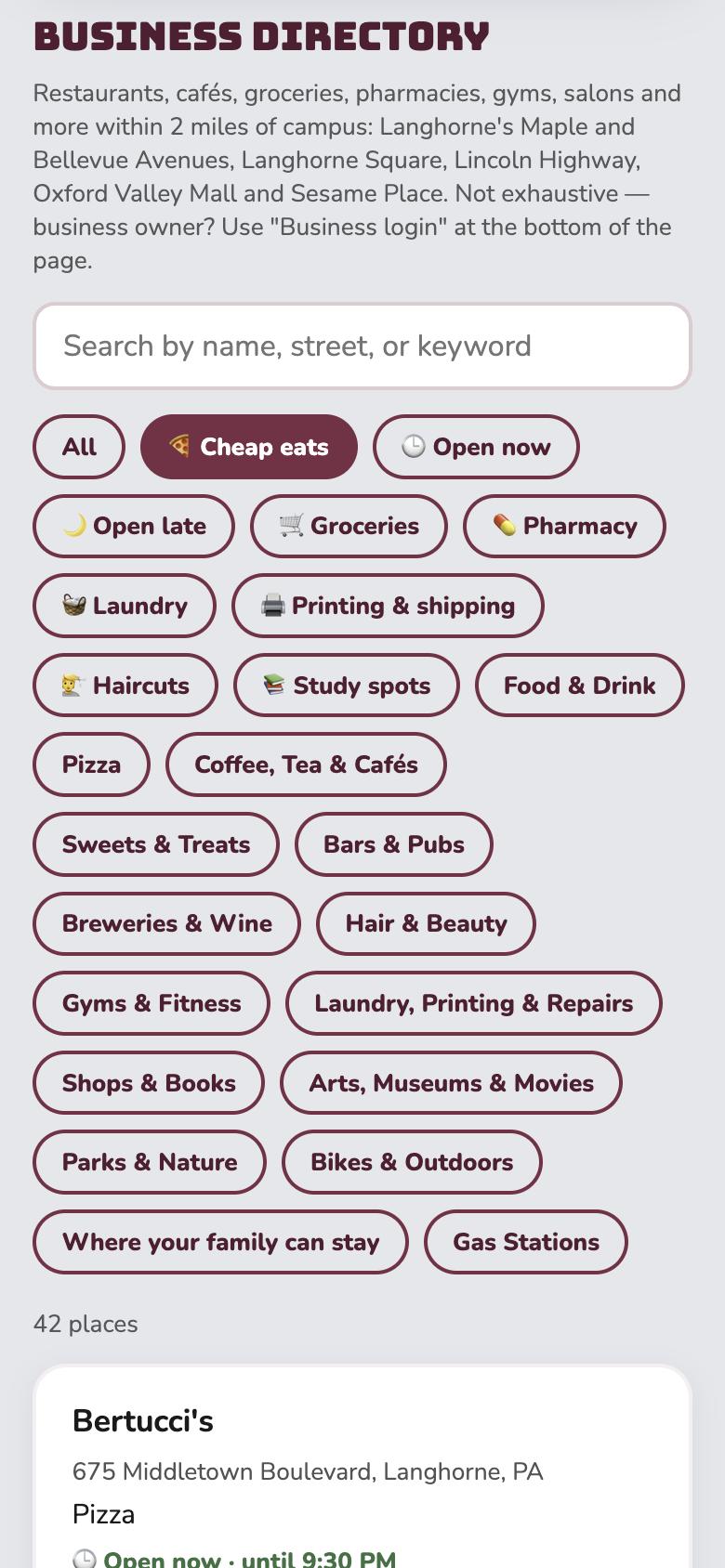 Cairn University's directory with shortcuts like Cheap eats, Open late, Laundry and Study spots
