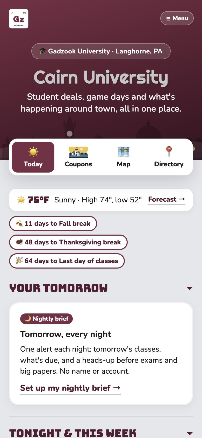 Cairn University's page in its maroon colors