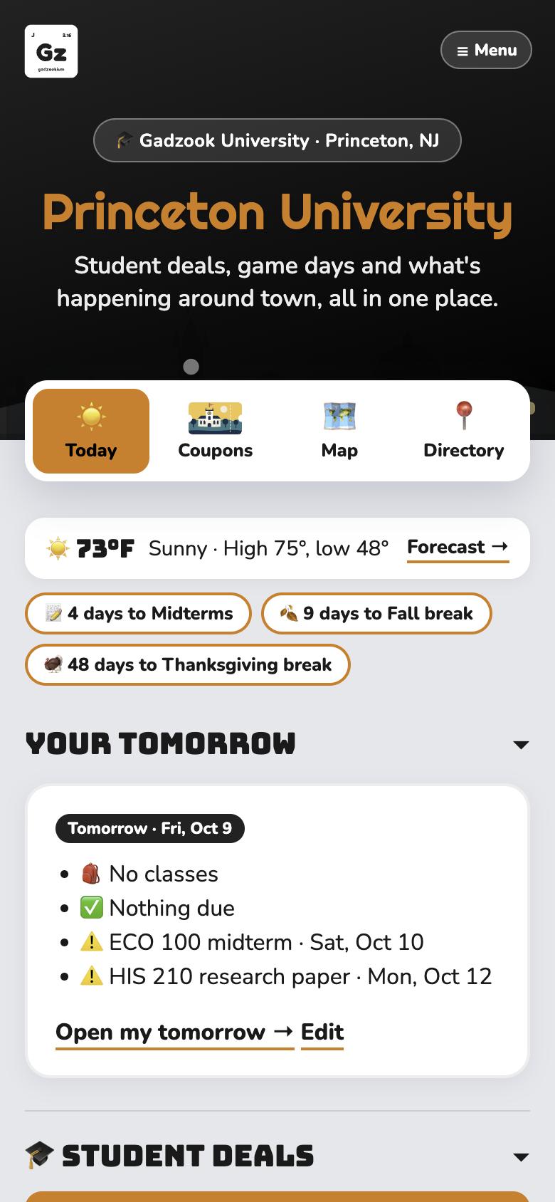 Princeton University's Today screen: weather, countdowns to midterms and fall break, and tomorrow's brief
