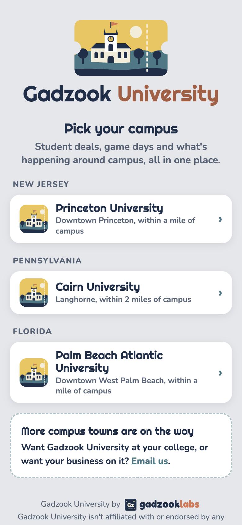 Gadzook University start screen with the list of campuses